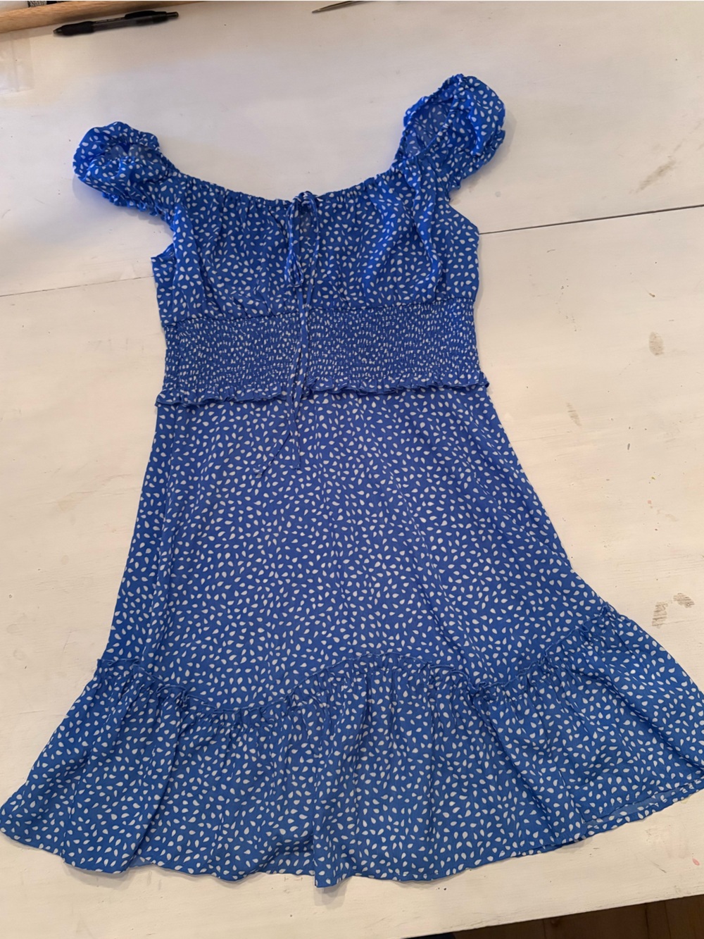 Blue Smocked Midi Dress with White Dot Print